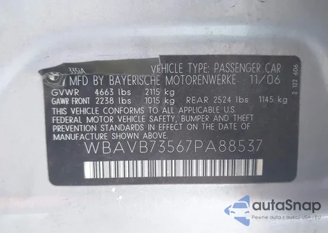 2007 BMW 335I from USA, damaged, VIN WBAVB73567PA88537